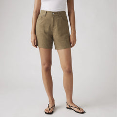 High Rise Baggy Linen Blend Lightweight Women's Shorts - Oatmeal Linen - Brown