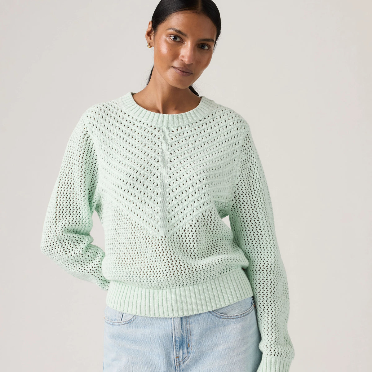Gaelle Long-Sleeve Crochet Pullover - Pale Blue - Blue