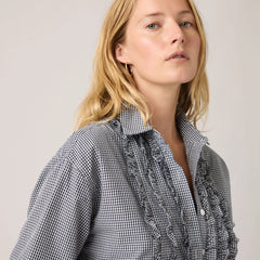 Harlie Novelty Ruffle Boyfriend Shirt - Ceicil Micro Check - Black