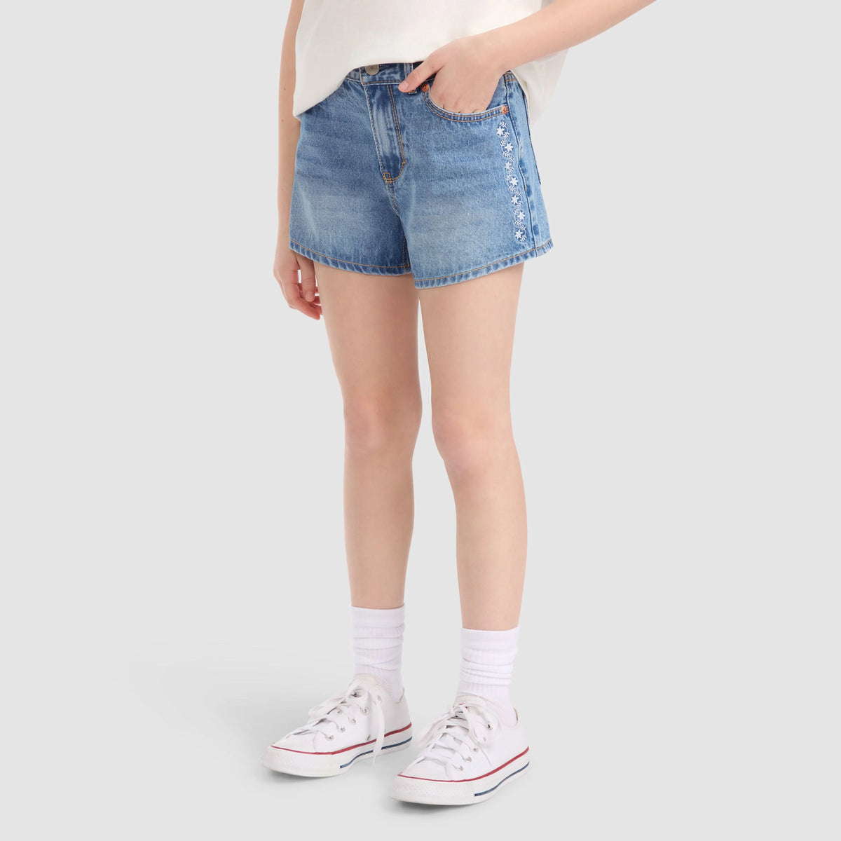 Embroidered Mini Mom Denim Short Big Girls 7-16 - Coastal Drift - Blue
