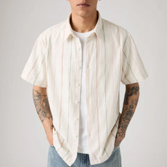 Luru Boxy Short Sleeve Shirt - David Dobby Stripe Egret - White
