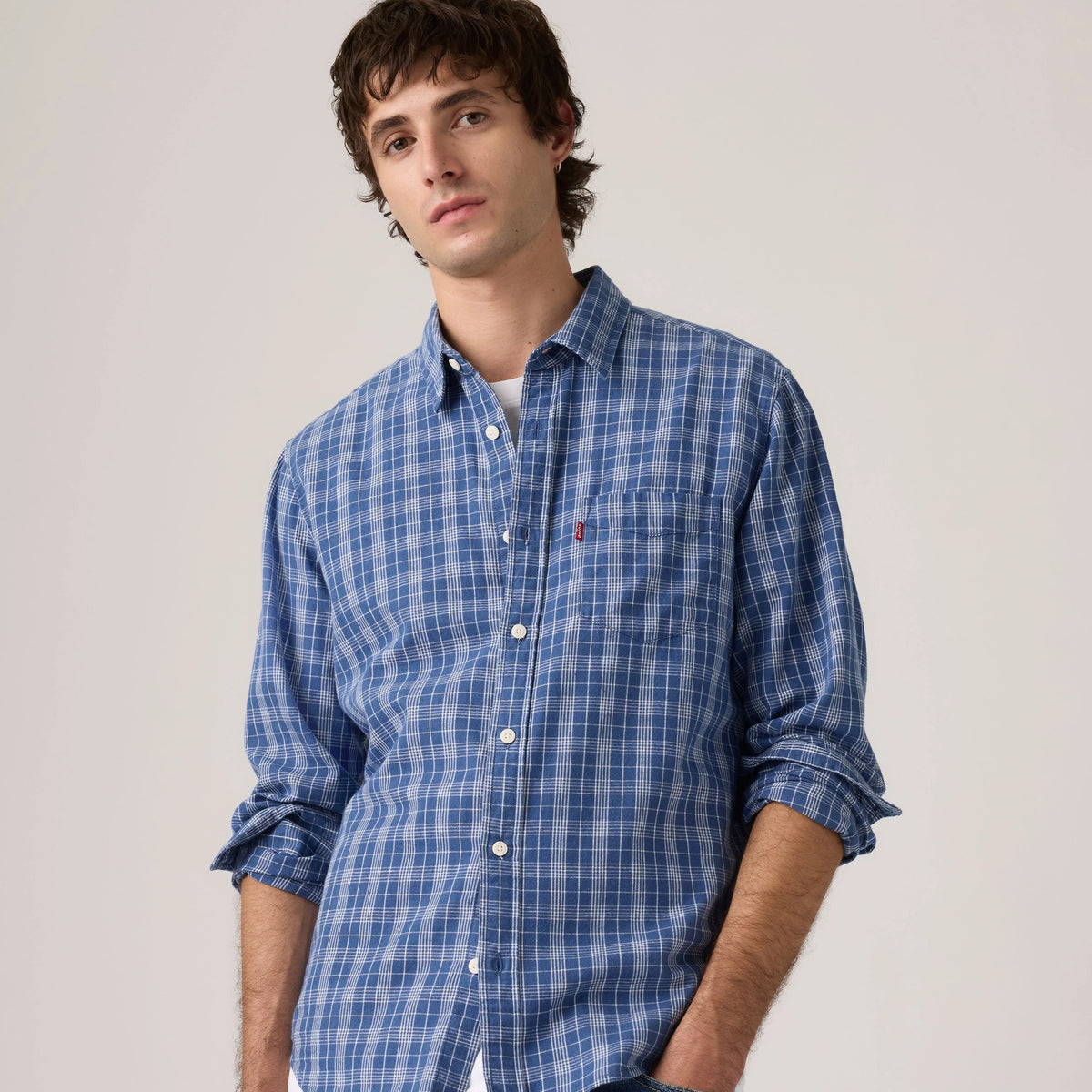 Classic One Pocket Standard Fit Cotton Linen Shirt - Hakan Plaid Sunshine - Blue