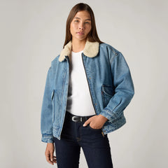 Everyday Bomber with Faux Shearling Collar - Turning Heads - Light Wash
