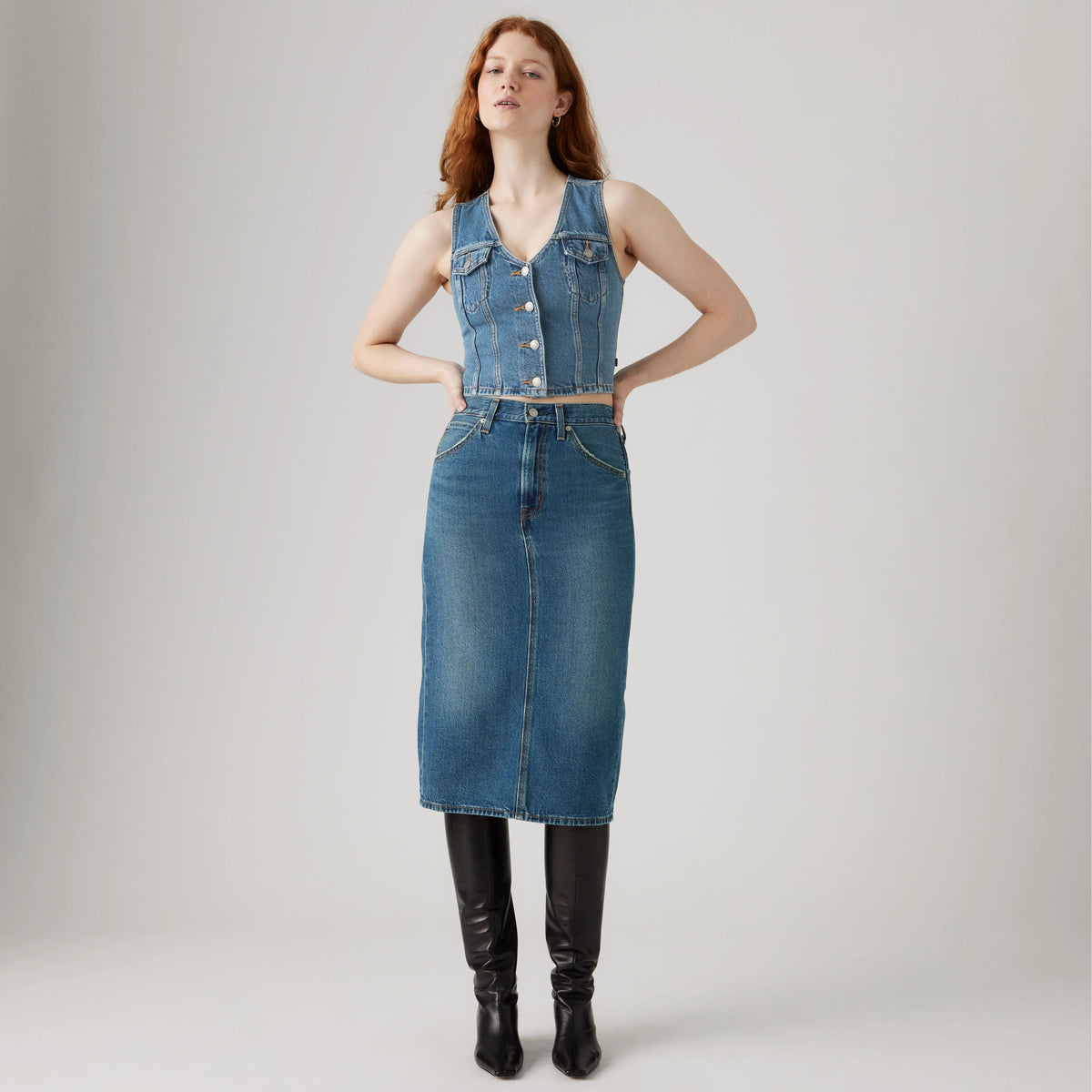 High Rise Back Slit Skirt - Review Time - Medium Wash