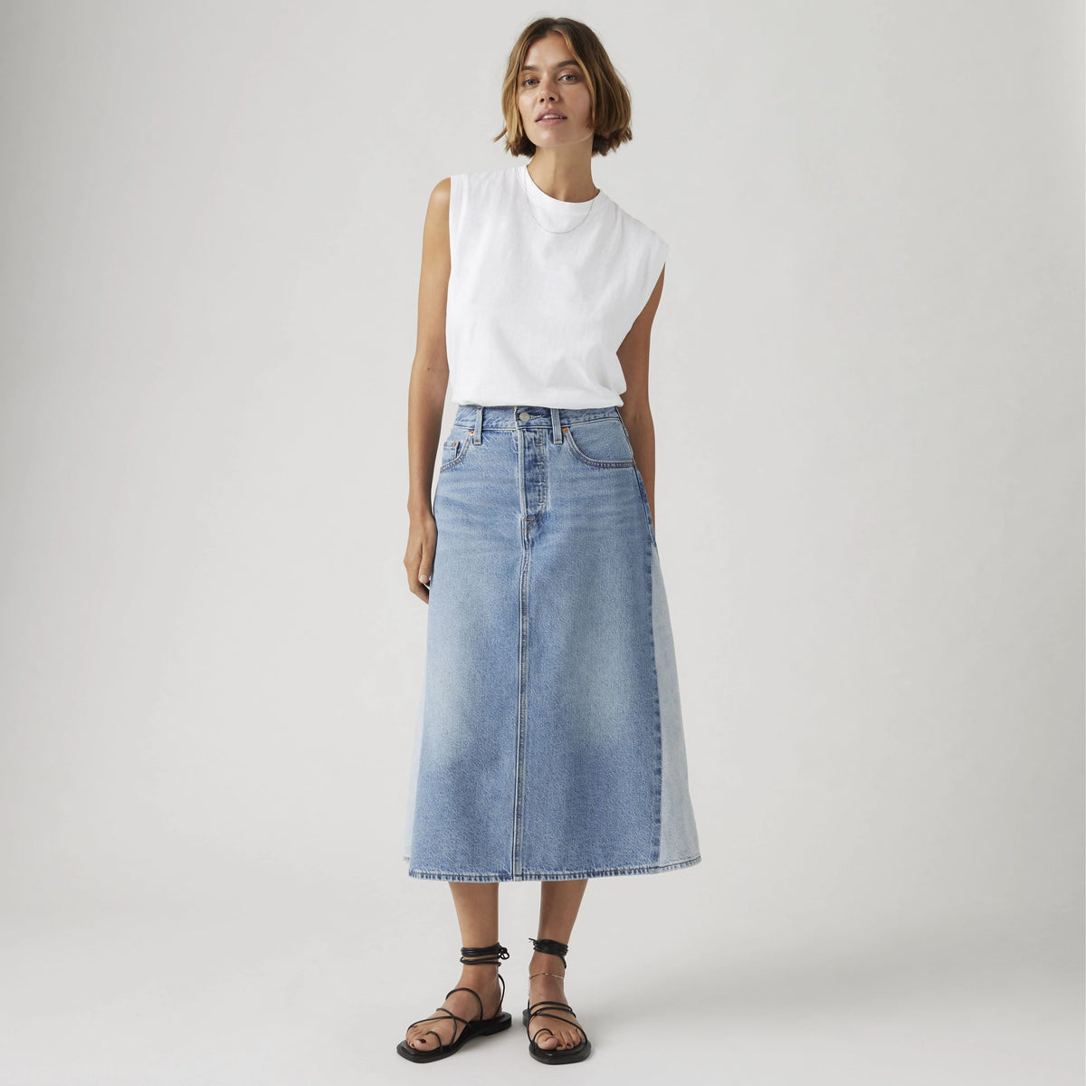 High Rise A-Line Pieced Skirt - Mixed Money Bags - Medium Wash