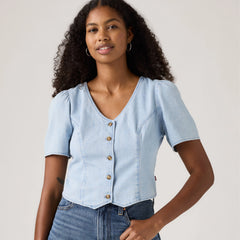 Moxie Short-Sleeve Denim Blouse - Soft As Butter 3 - Medium Wash