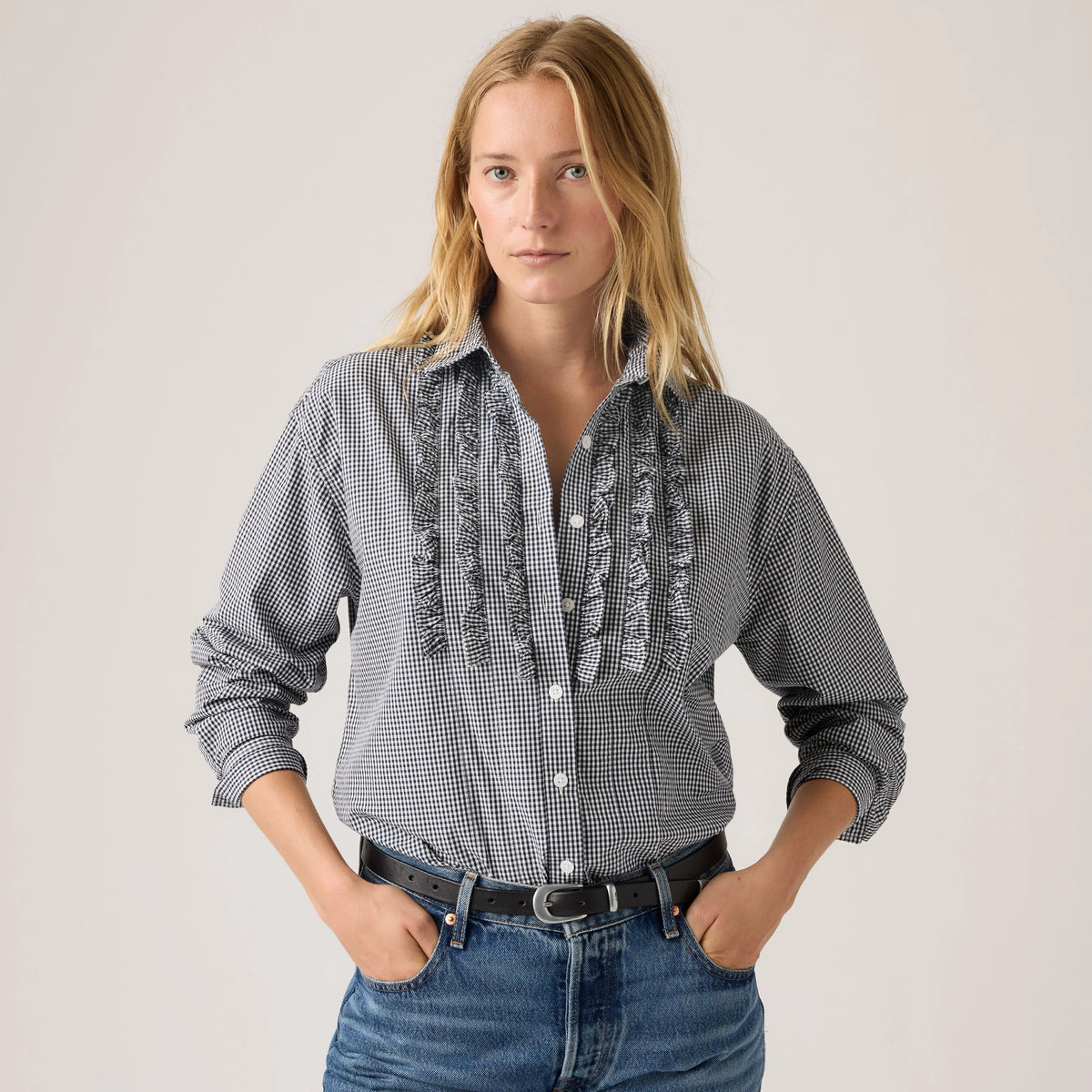 Harlie Novelty Ruffle Boyfriend Shirt - Ceicil Micro Check - Black