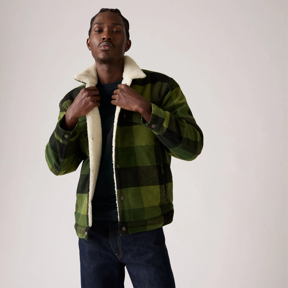 Relaxed Fit Sherpa Plaid Trucker Jacket - Laredo Plaid Duffel Bag - Green