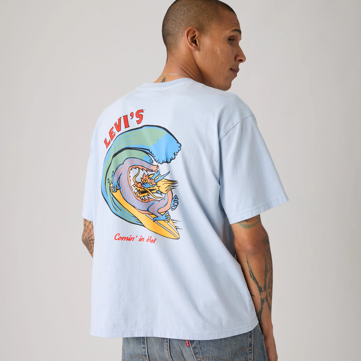 Relaxed Fit Graphic Boxy T-Shirt - Dragon Surfer Niagara Mist - Blue