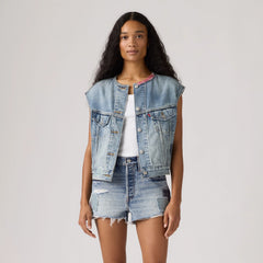 90s Shrunken Collarless Vest - Melody'S Muse Vest - Medium Wash