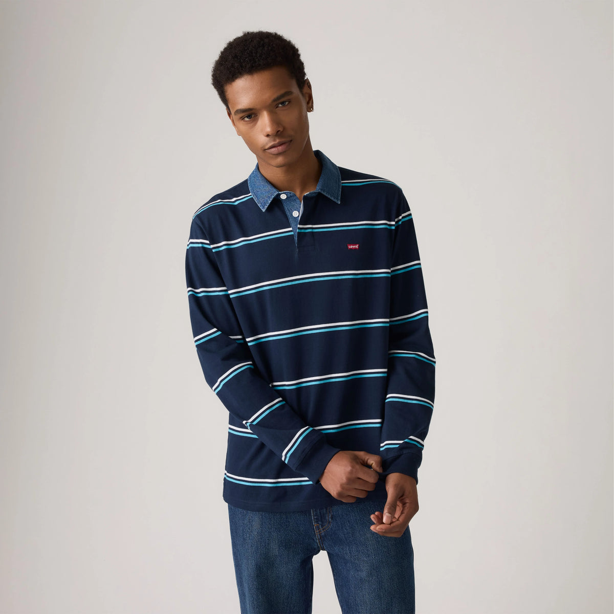 Classic Long-Sleeve Rugby Shirt - Dax Stripe Navy Blazer - Blue