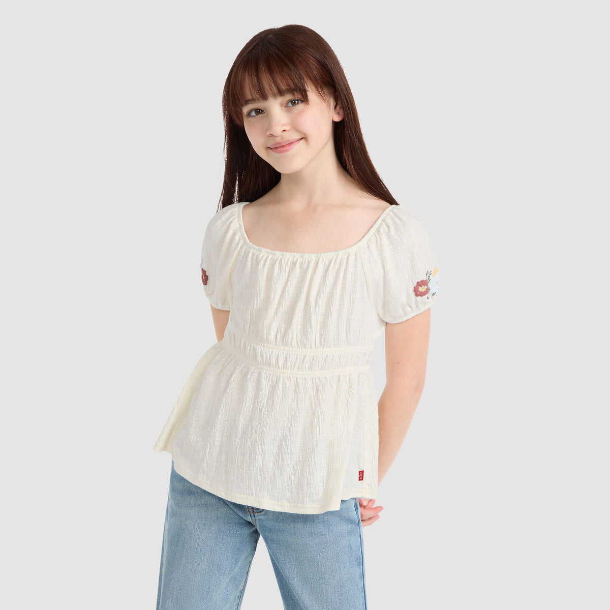 Short Sleeve Smocked Puff Sleeve Top  Big Girls 7-16 - Antique White