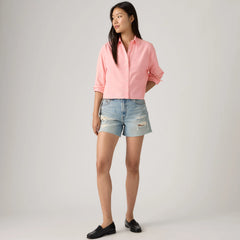 Harlie Cropped Button Down Shirt - Garment Dye Coral Blush - Pink