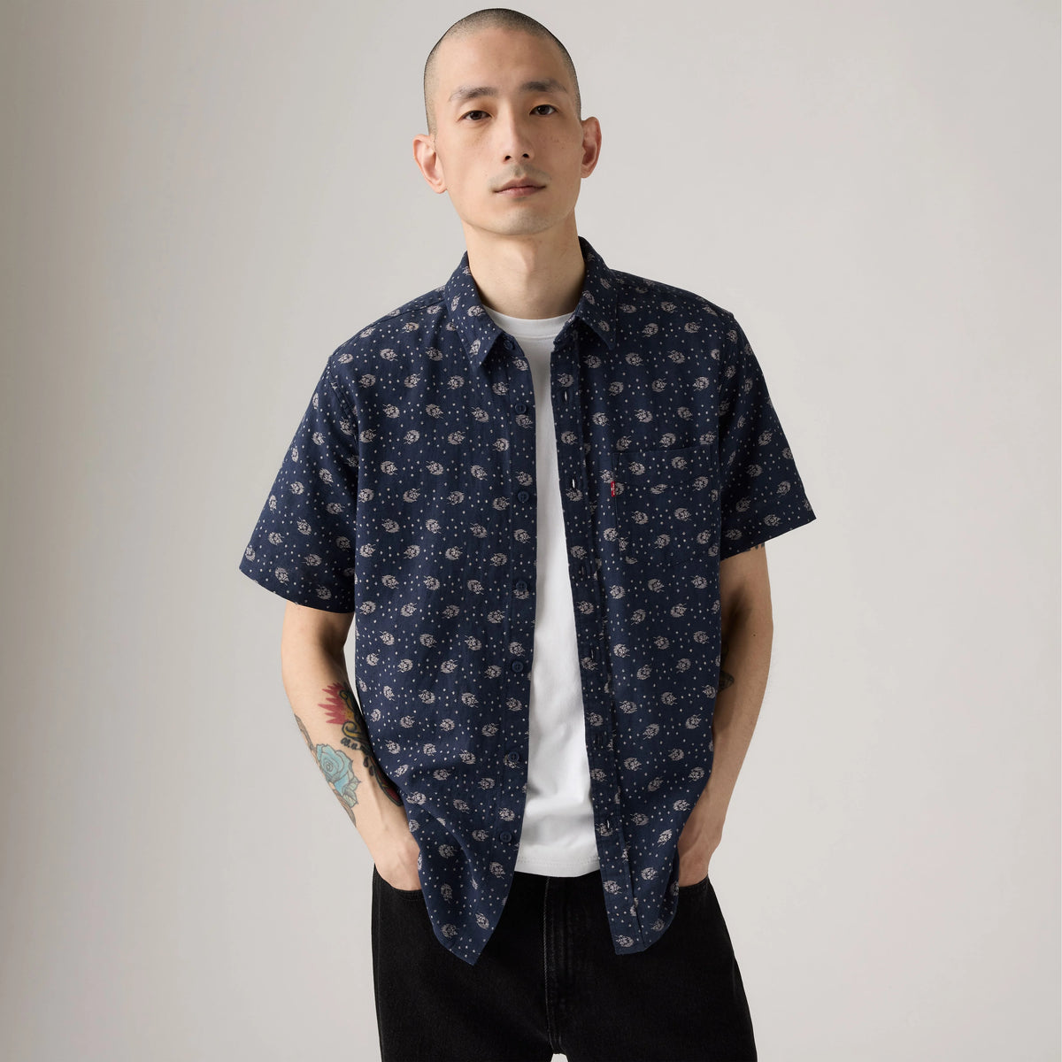 Short-Sleeve Sunset One Pocket Cotton Linen Shirt - Blast Floral Dress Blues