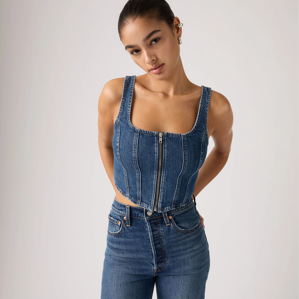 Seamed Zip Bustier Top - She'S So Vague - Medium Wash