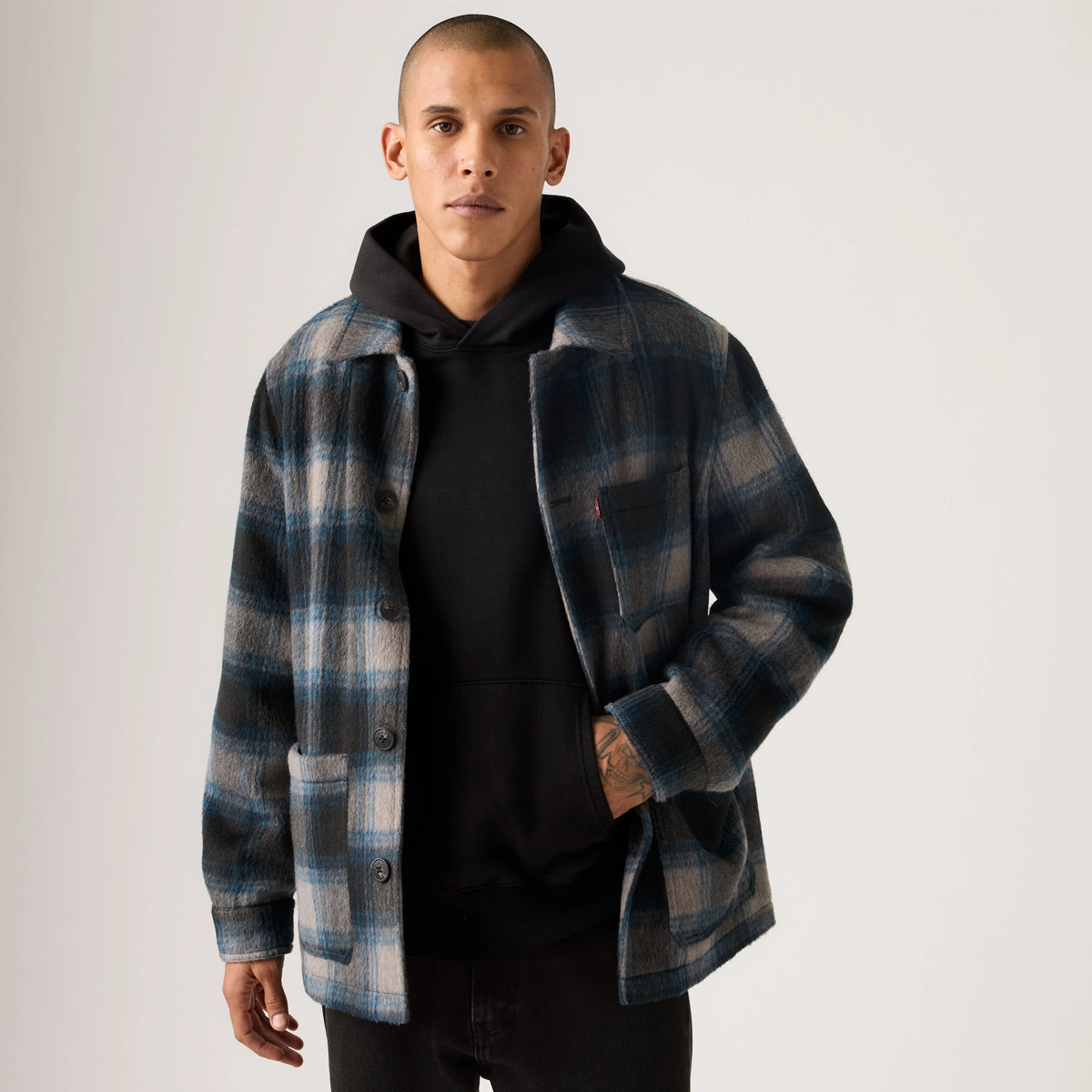 Wool Blend Chore Jacket - Blue/Grey Plaid - Black