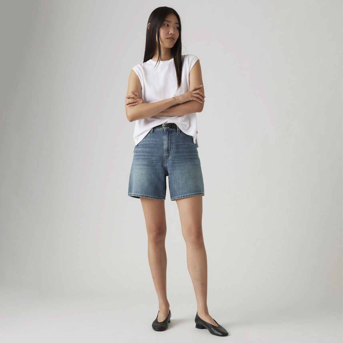 High Rise Baggy Linen+ Denim Lightweight Women's Shorts - Stop Flaxing Short - Medium Wash