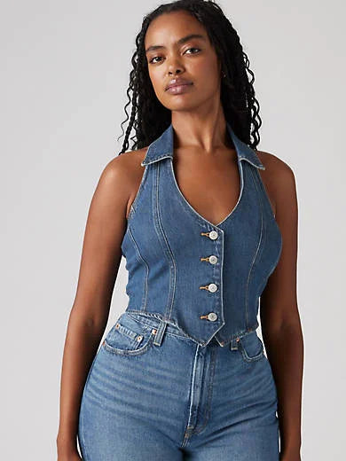 Bria Denim Halter Top - Cornerback - Medium Wash