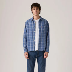 Classic One Pocket Standard Fit Cotton Linen Shirt - Hakan Plaid Sunshine - Blue