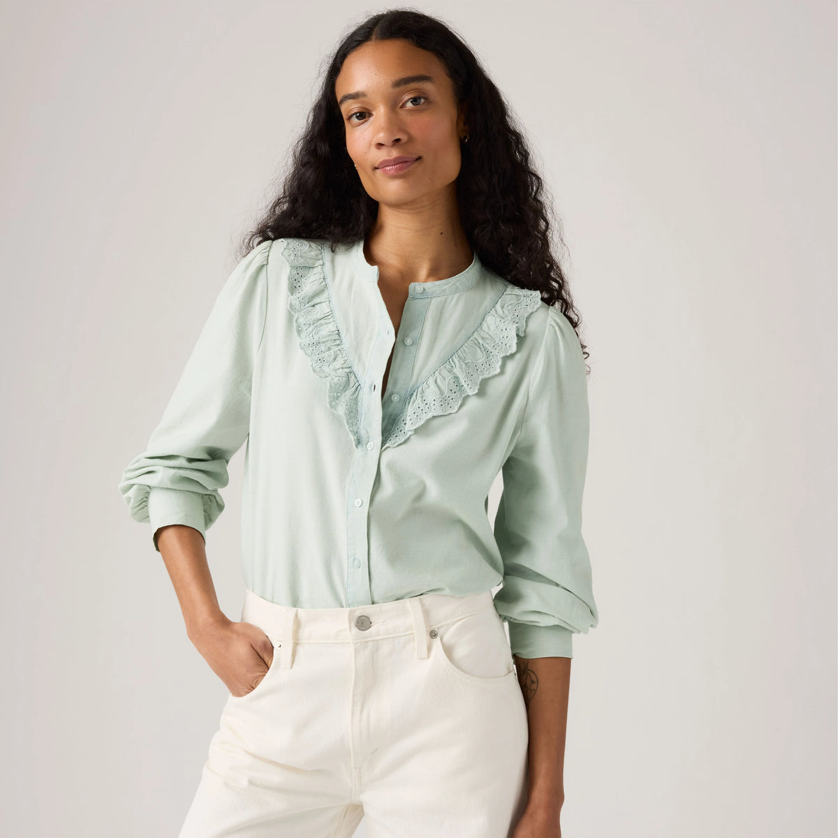 Jane Eyelet Blouse - Blue Light Chambray - Medium Wash