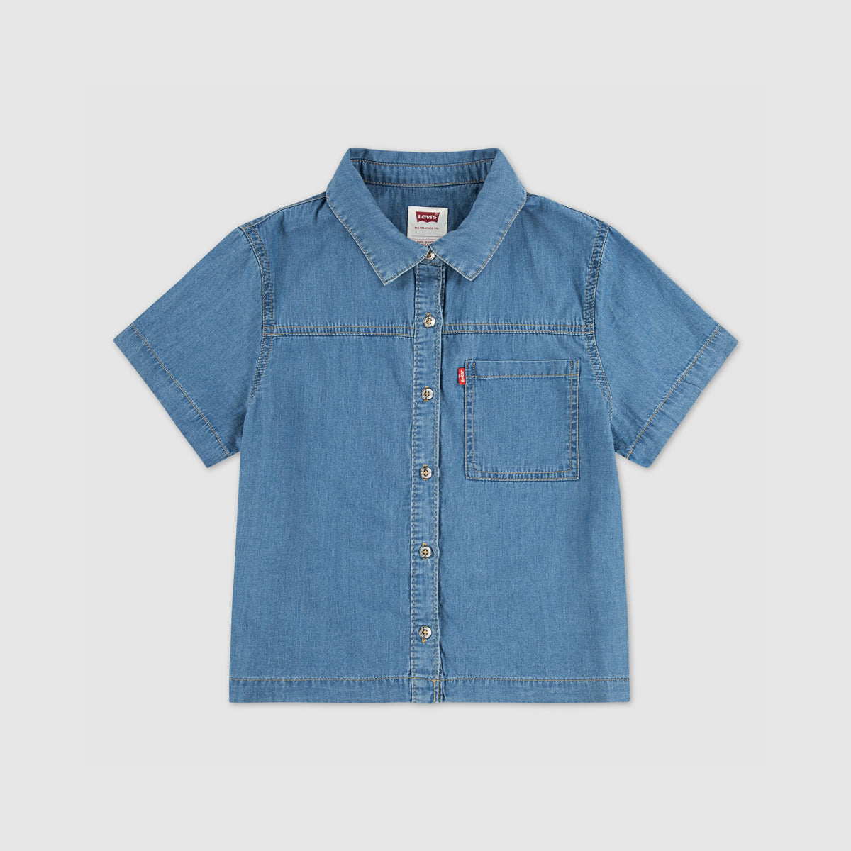 Short Sleeve Denim Top Big Girls 7-16 - Blue Wave Light - Blue