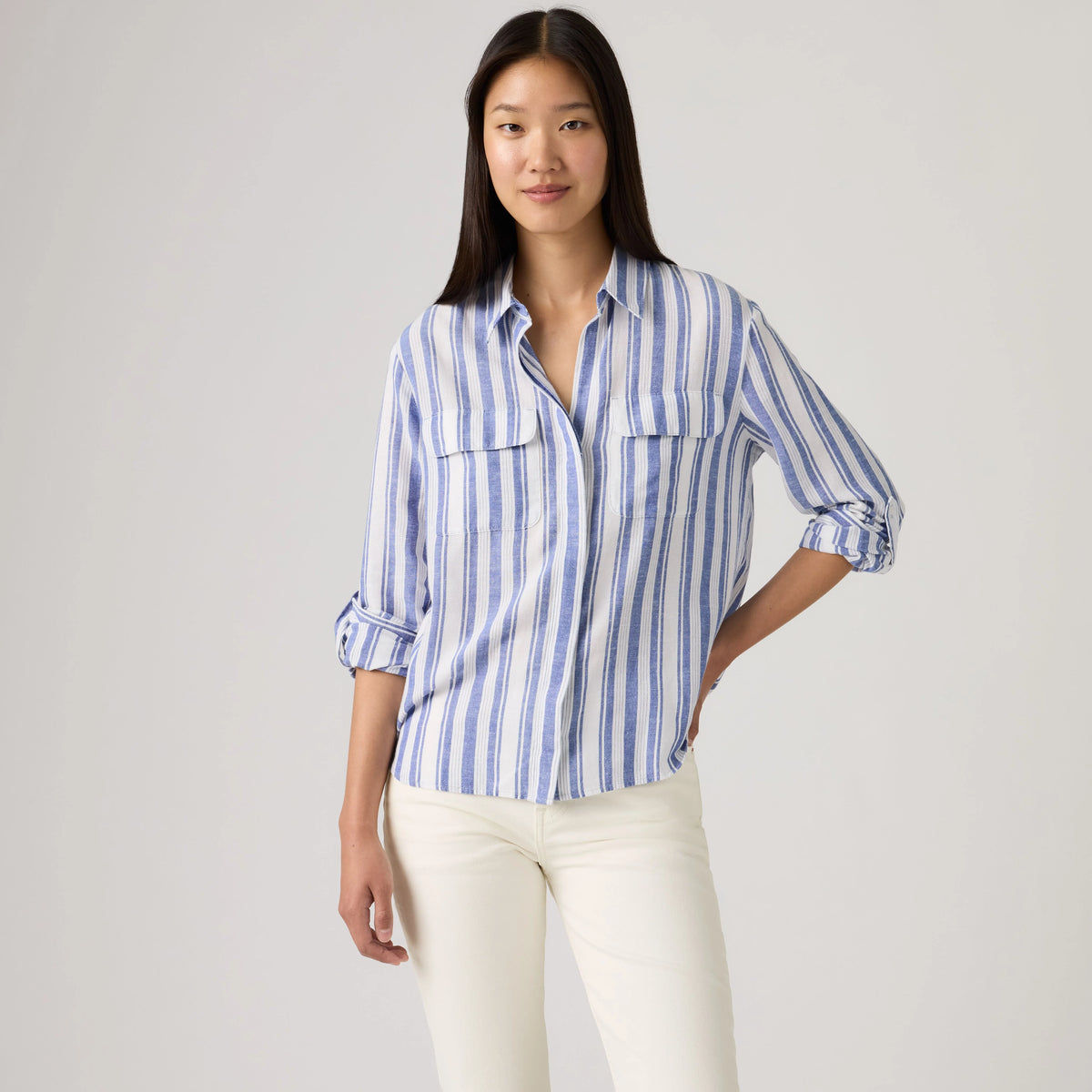 Elaine Utility Button Up Shirt - Bold Stripe Blue - Blue
