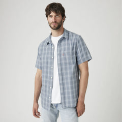 Short-Sleeve Sunset One Pocket Cotton Linen Shirt - Leon Plaid Bright White - Blue