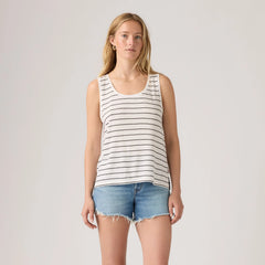 Lori Linen Scoop Tank Top - Donna Stripe Egret - White