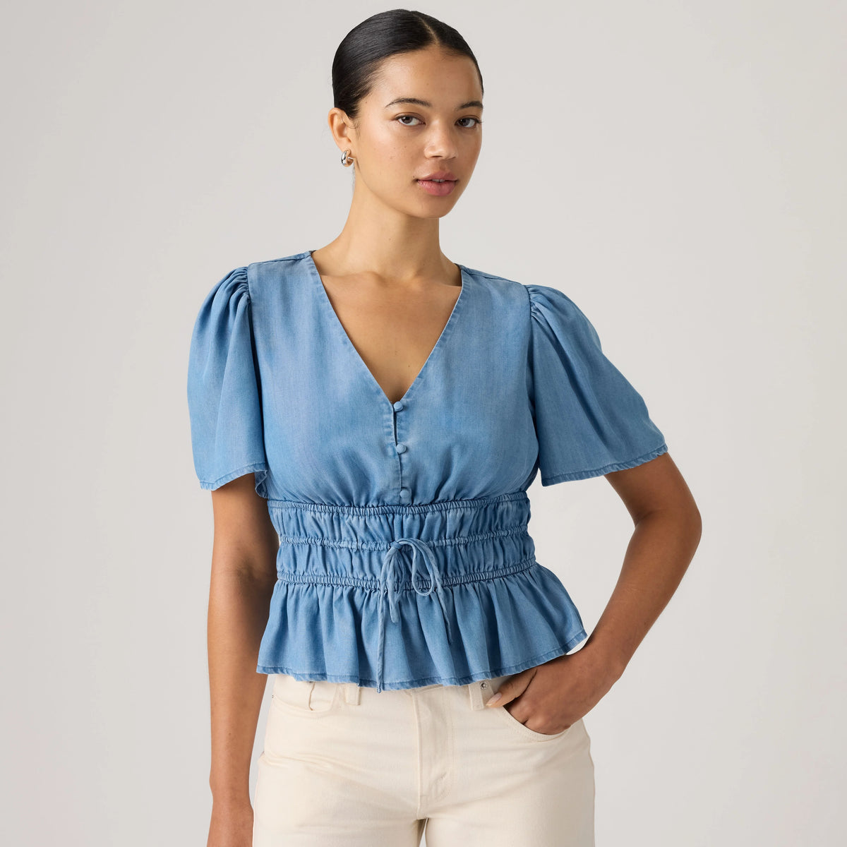 Rylan Short-Sleeve Crepe Blouse - Recharged Vibe - Medium Wash