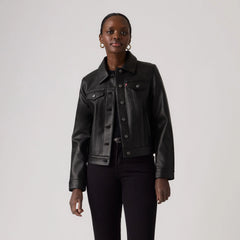 Faux Leather Trucker Jacket - Black Gold - Black