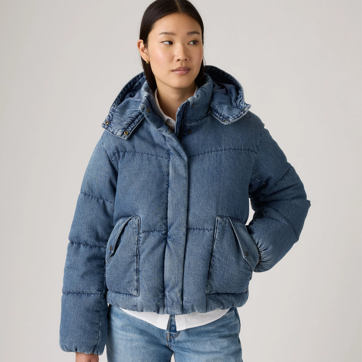 Western Bubble Shortie Puffer Jacket - City Worn - Dark Wash