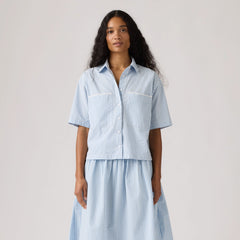 Harlie Novelty Short-Sleeve Cropped Shirt - Shelly Check Glacier - Blue