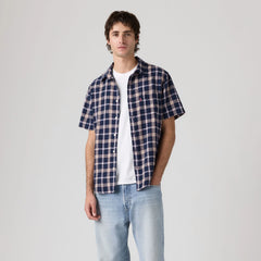 Short-Sleeve Sunset One Pocket Cotton Linen Shirt - Sintra Plaid Dress Blues - Blue