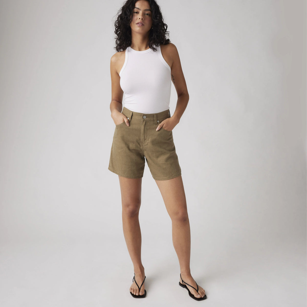 High Rise Baggy Linen Blend Lightweight Women's Shorts - Oatmeal Linen - Brown