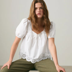 Darling Short-Sleeve Cutwork Blouse - Bright White - White