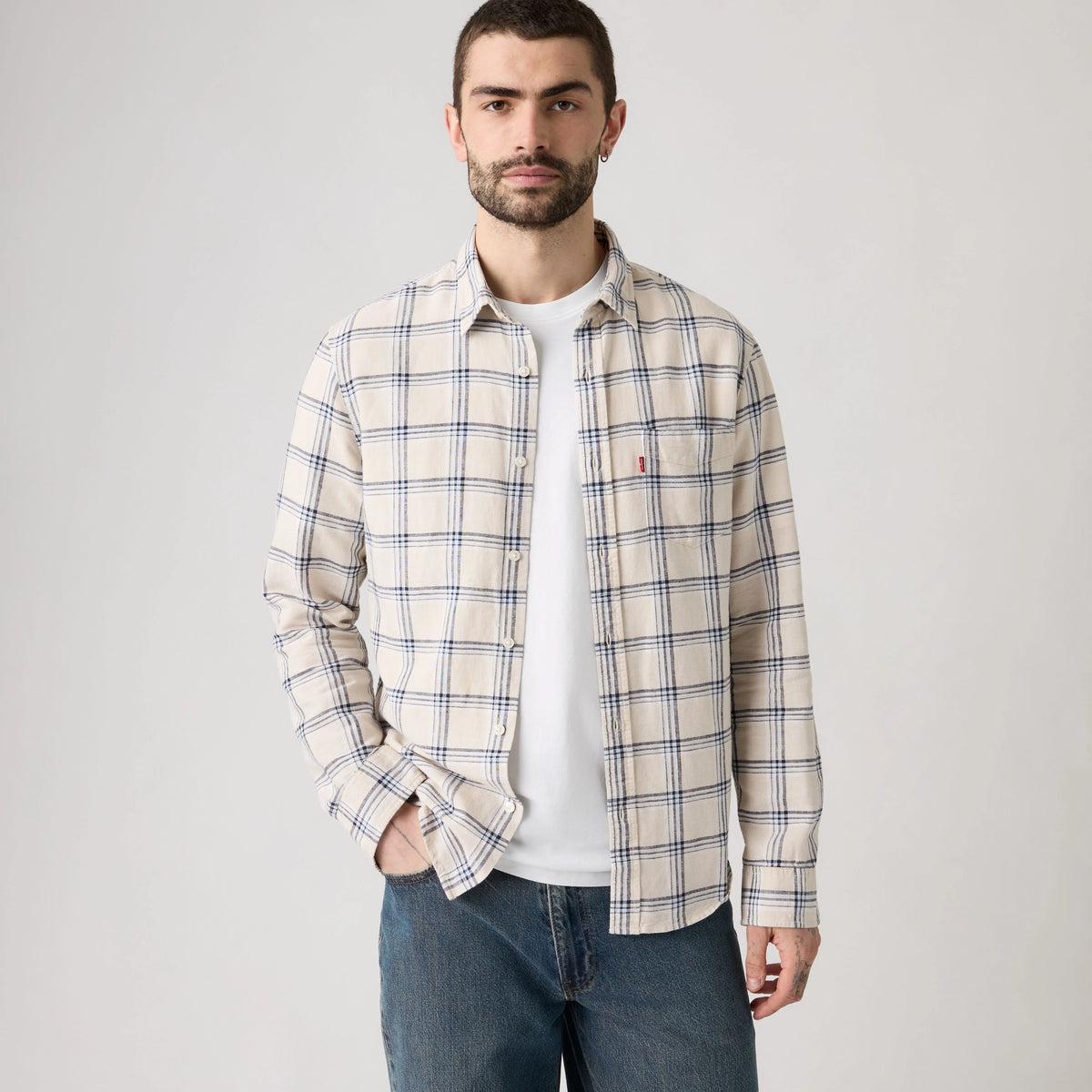 Sunset One Pocket Standard Fit Cotton Linen Shirt - Ishu Plaid Moonbeam Cotton Linen - Multi-Color