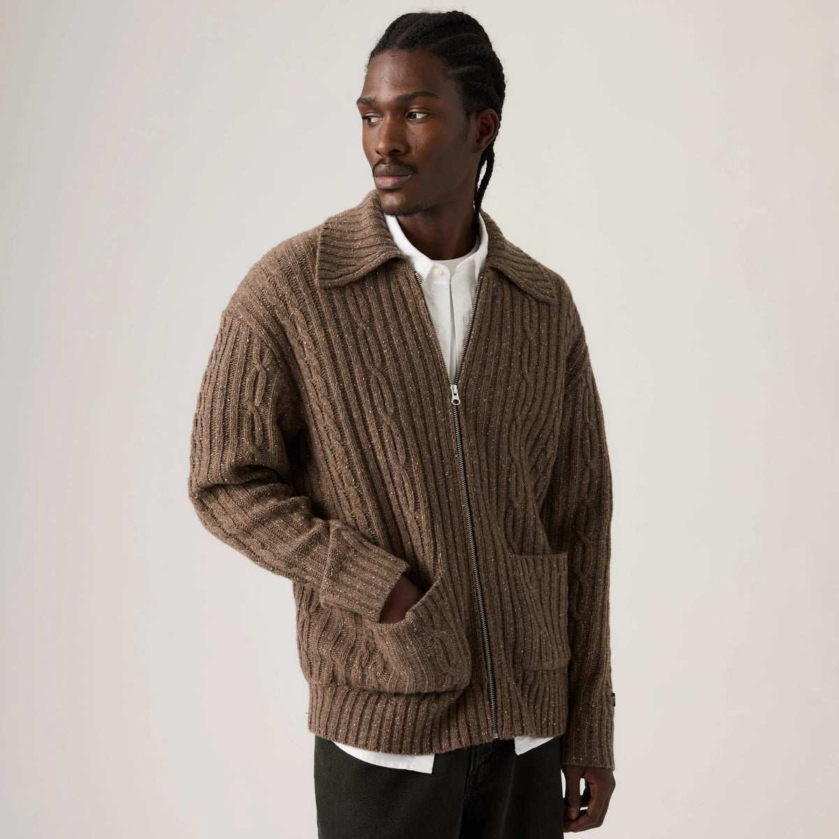Telegraph Zip Cardigan - Walnut - White