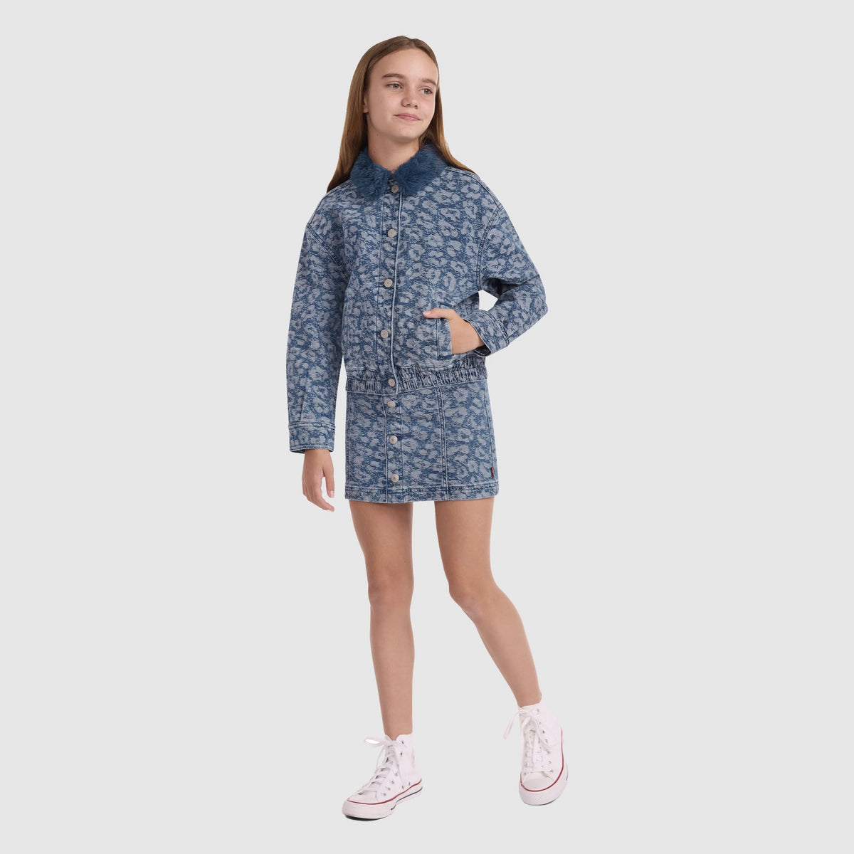 Oversized Fur Collared Trucker Big Girls 7-16 - Blazing Blue - Dark Wash