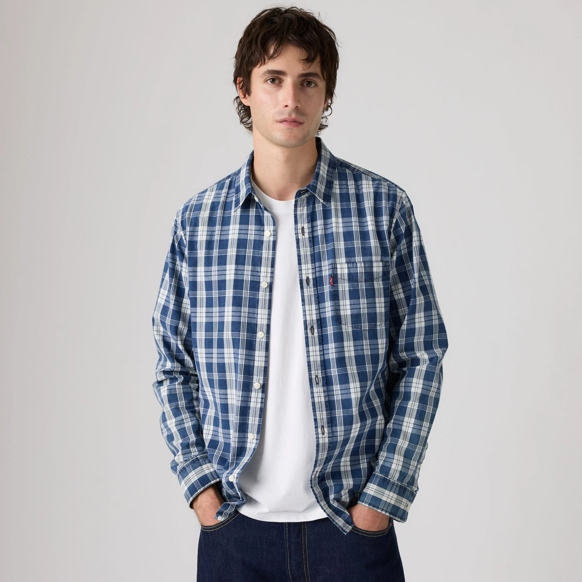 Sunset One Pocket Standard Fit Poplin Shirt - Ben Plaid Indigo Poplin - Blue