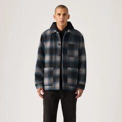 Wool Blend Chore Jacket - Blue/Grey Plaid - Black