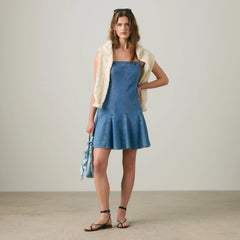 Denim Godet Mini Lightweight Dress - Godet All Day - Medium Wash