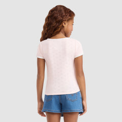 Short Sleeve Rosette Pointelle Knit Top Little Girls 4-6 - Crystal Pink - Pink