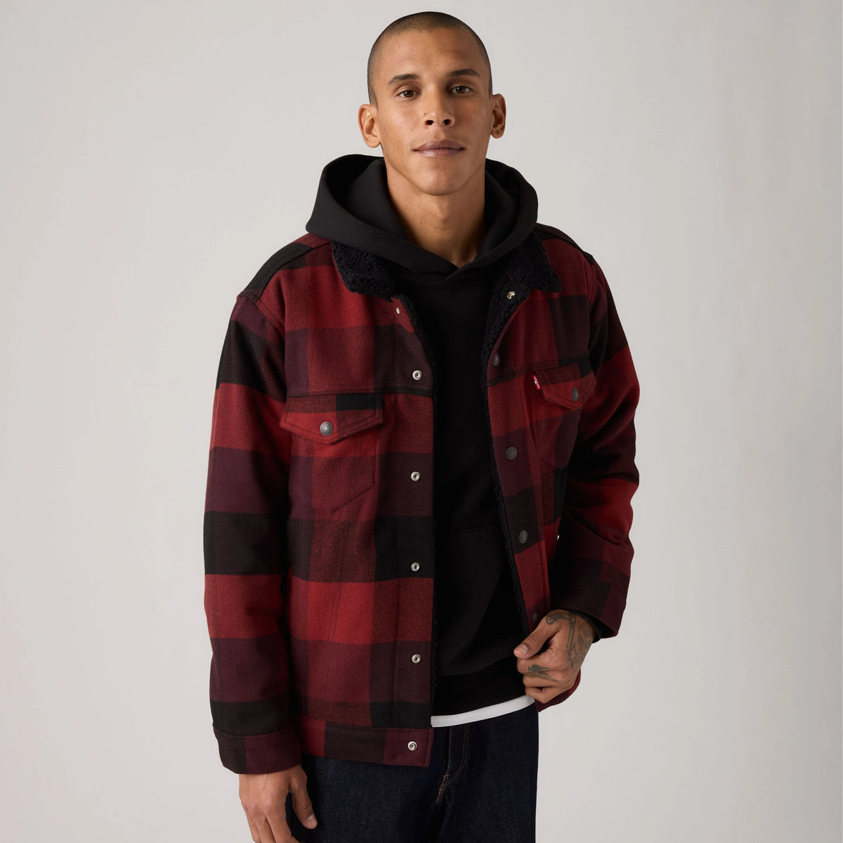 Relaxed Fit Sherpa Plaid Trucker Jacket - Laredo Plaid Decadent Chocolate - Brown