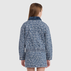Oversized Fur Collared Trucker Big Girls 7-16 - Blazing Blue - Dark Wash