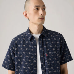 Short-Sleeve Sunset One Pocket Cotton Linen Shirt - Blast Floral Dress Blues