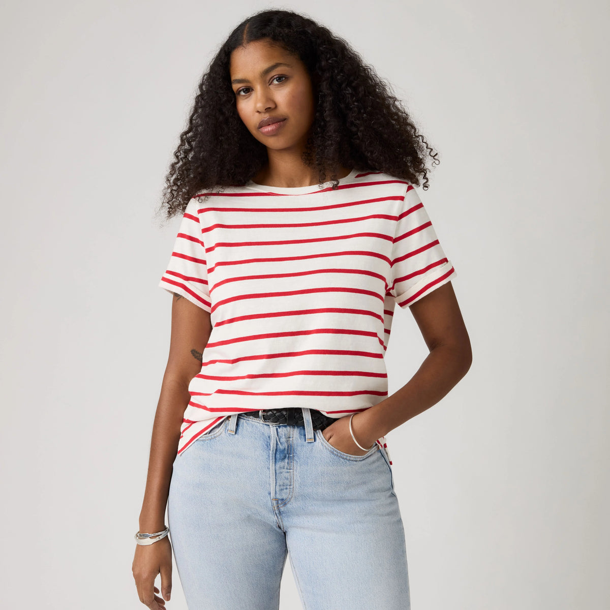Julie Slub Short-Sleeve Tee - Saint Stripe Egret U - Red