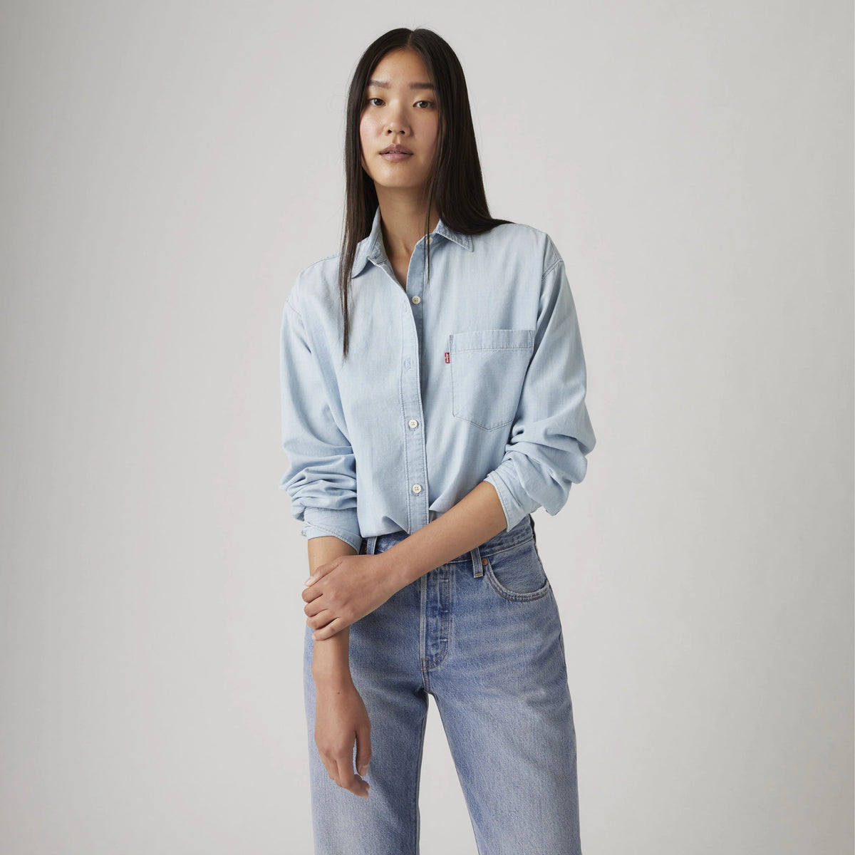 Harlie Boyfriend Button Down Shirt - Where Is She - Light Wash