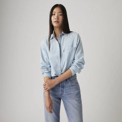 Harlie Boyfriend Button Down Shirt - Where Is She - Light Wash