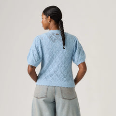 Pauline Pointelle Short-Sleeve Cardigan - Glacier Lake - Blue