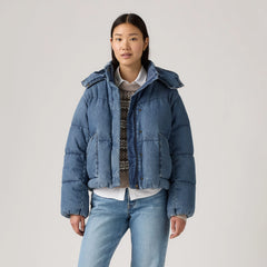 Western Bubble Shortie Puffer Jacket - City Worn - Dark Wash